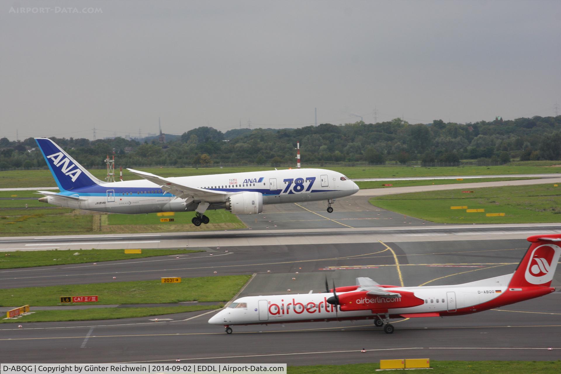 D-ABQG, 2009 De Havilland Canada DHC-8-402Q Dash 8 C/N 4250, AirBerlin D-ABQG taxiing in front of ANA Dreamliner JA-814A landing