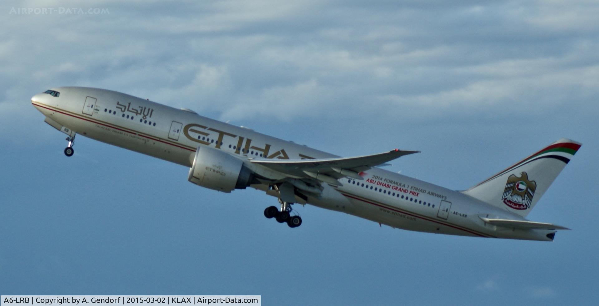 A6-LRB, 2007 Boeing 777-237/LR C/N 36301/621, Etihad, is here climbing out at Los Angeles(KLAX)