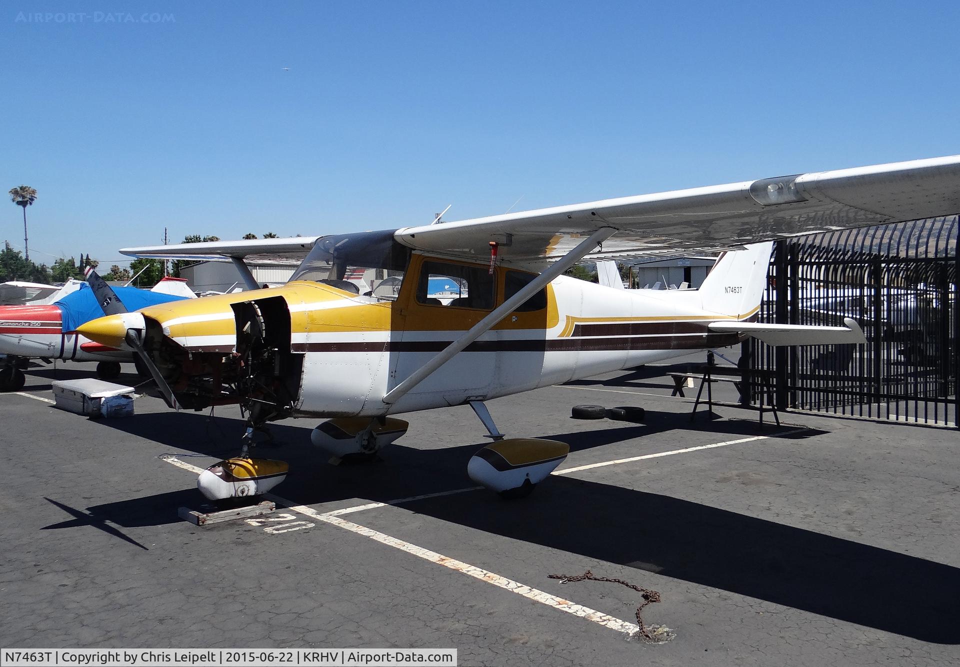 N7463T, 1959 Cessna 172A C/N 47063, Locally-based 1959 Cessna 172A (with bottom engine cover removed) getting maintenance at Nice Air at Reid Hillview Airport, San Jose, CA.