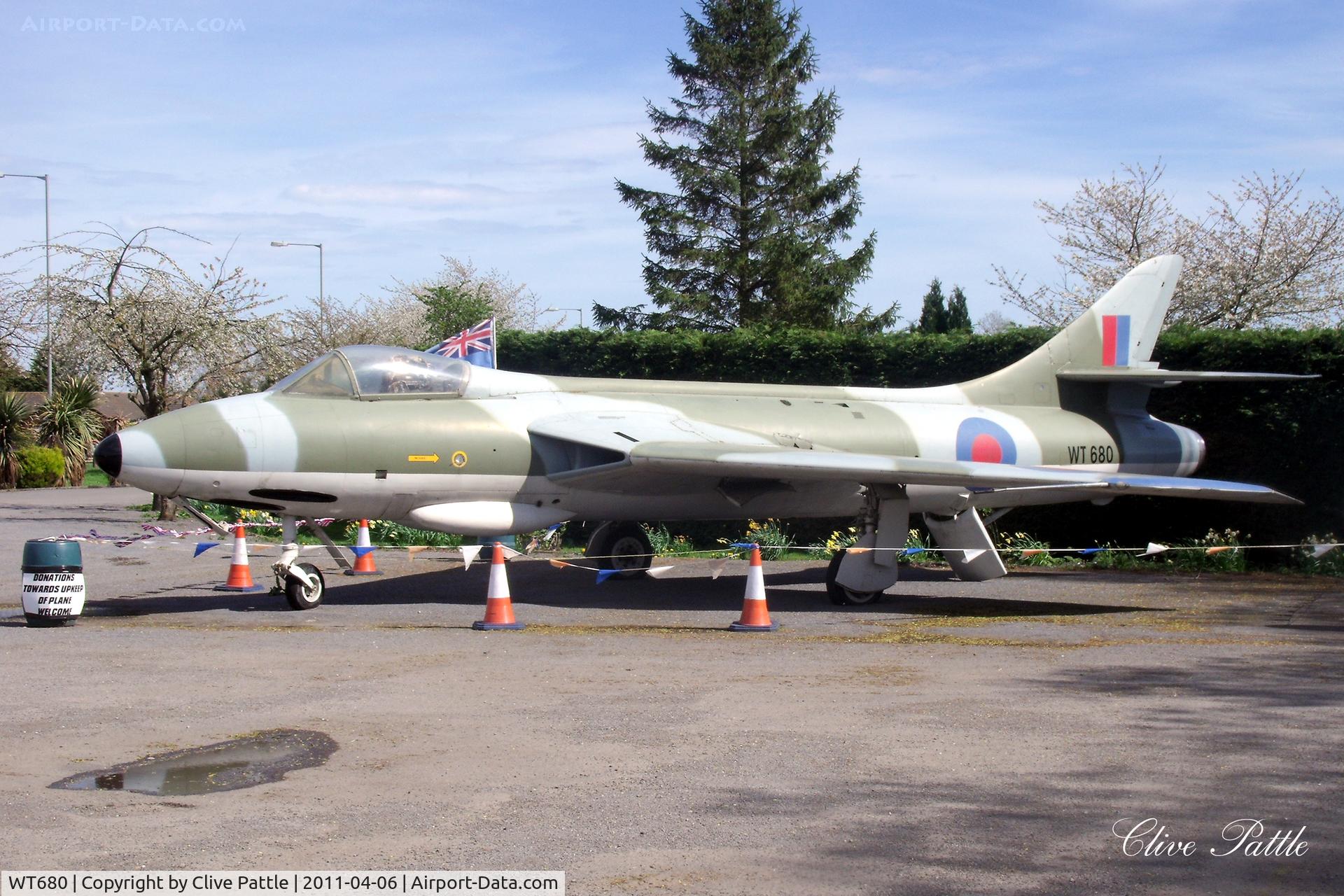 WT680, 1954 Hawker Hunter F.1 C/N 41H-665497, Preserved in a public car park at the Anglia Cafe, Fleet Hargate, Lincolnshire.