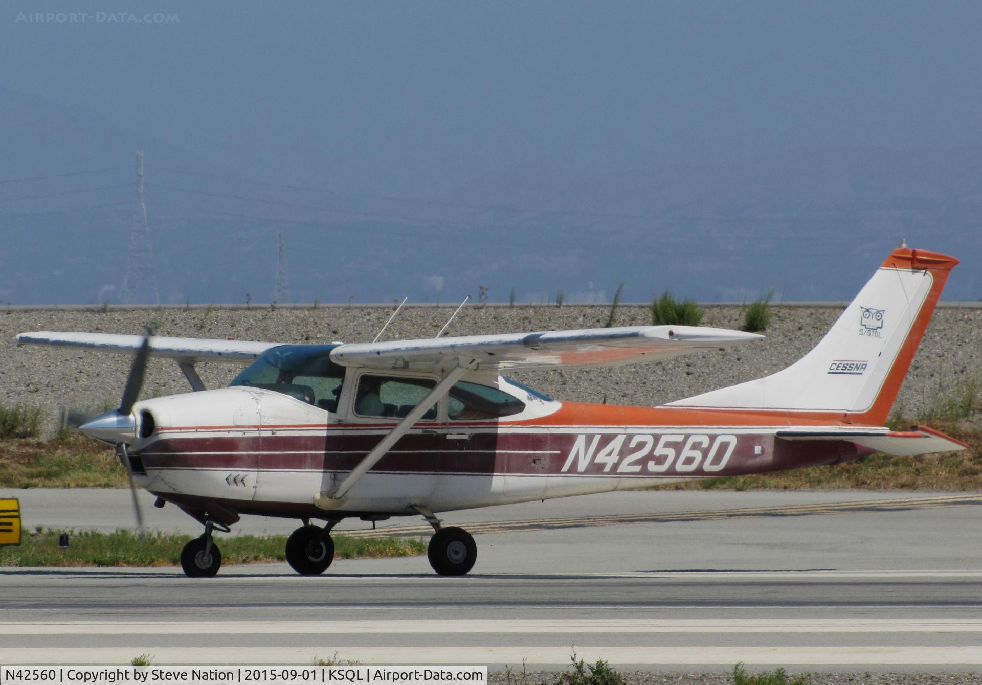 N42560, 1968 Cessna 182L Skylane C/N 18259077, Washington State-based 1968 Cessna 182L turning on to runway before taking off for home @ San Carlos Airport, CA