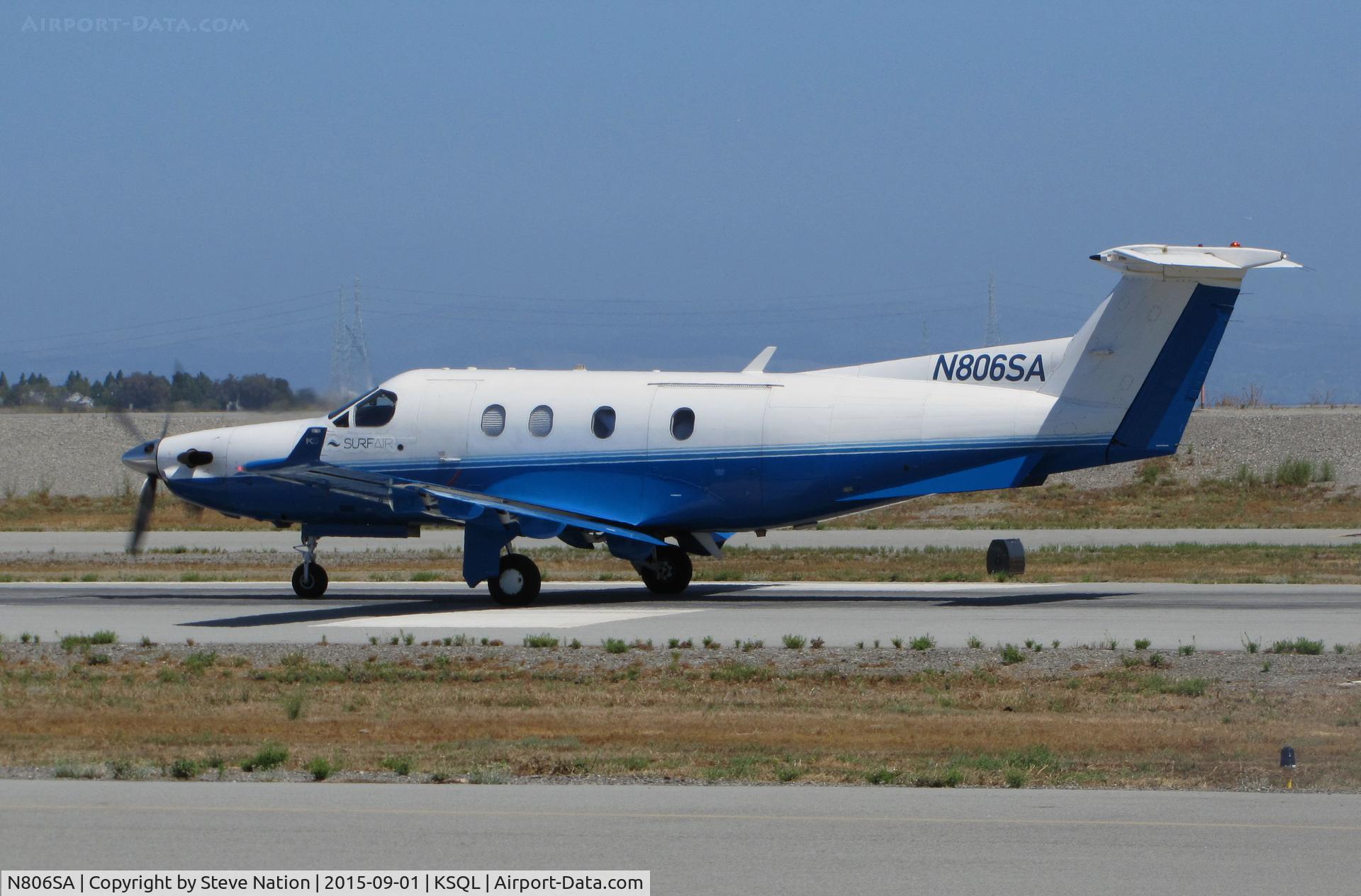 N806SA, 2004 Pilatus PC-12/45 C/N 558, Surf Air 2004 Pilatus PC-12/45 taking off for KBUR (Bob Hope International) from airline's SF Bay Area terminal @ San Carlos Airport, CA