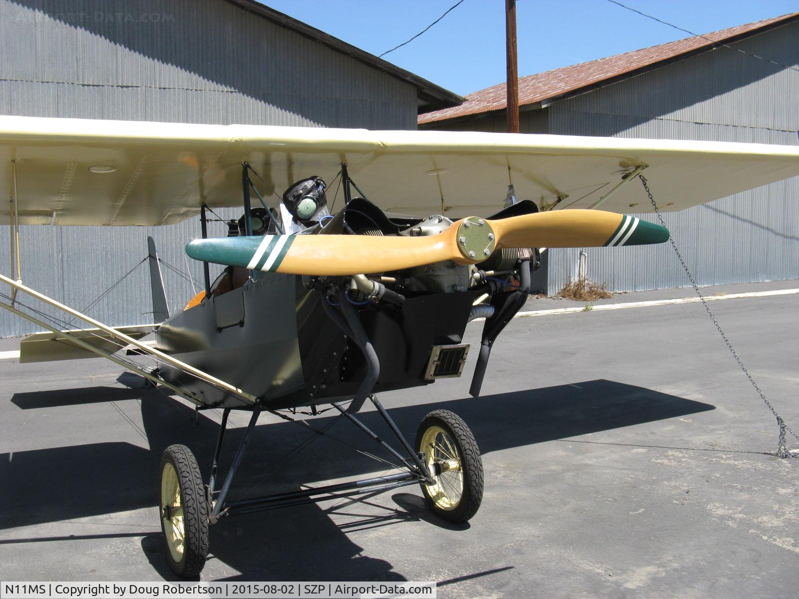 N11MS, 1972 Pietenpol Air Camper C/N MS1, 1972 Sparks PIETENPOL AIR CAMPER, Continental C85 85 Hp, two long exhaust pipes, wood prop and different view of vintage 'Jenny' type spreader bar main gear with bungee cords.