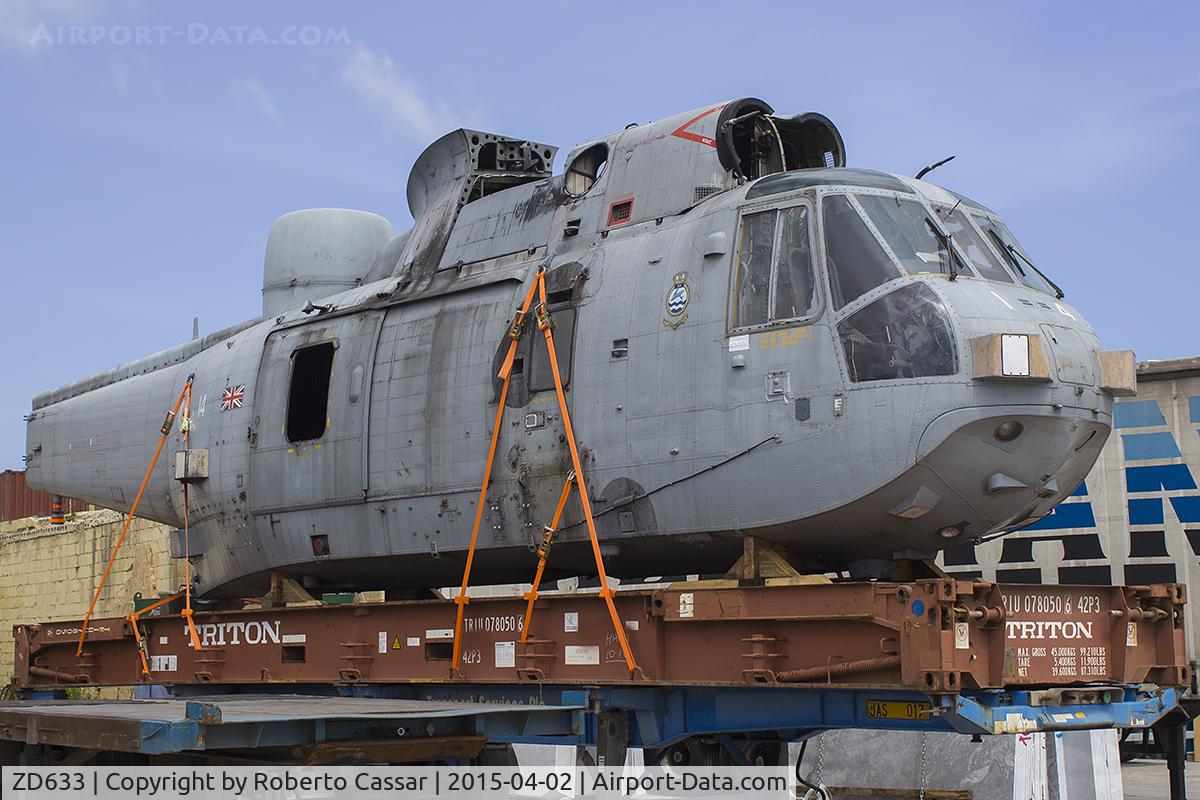 ZD633, Westland Sea King HAS.6 C/N WA942, Brought over from the UK to be as a instructional airframe for firefighters. Seen here before being transported on site to the Firehouse in Hal-Safi.