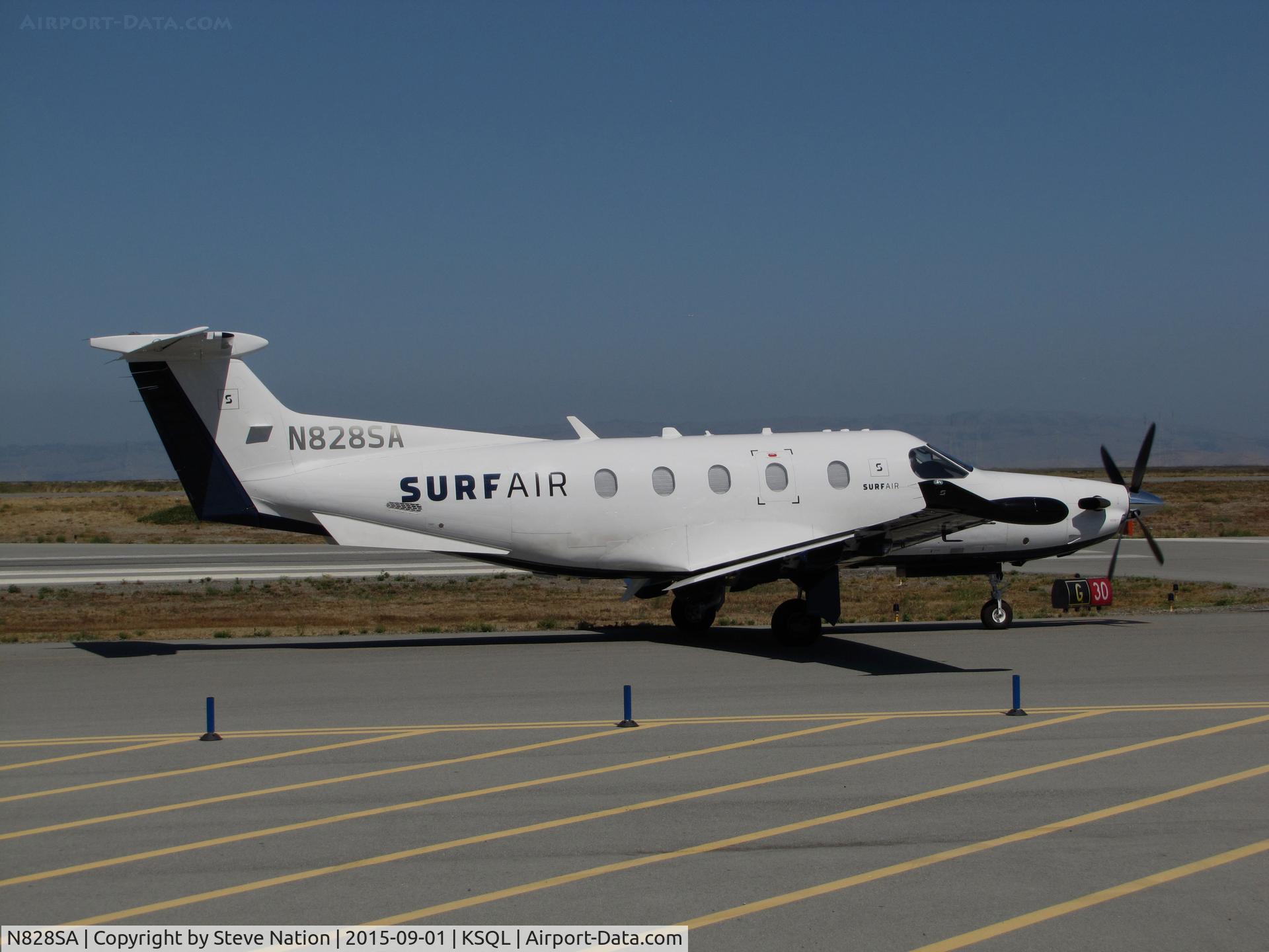 N828SA, 2015 Pilatus PC-12/47E C/N 1525, Surf Airlines PC-12/47E taxiing for take-off to their San Diego Area terminal (KCRQ McClellan-Palomar Airport) @ San Carlos Airport, CA (SF Bay Area terminal)