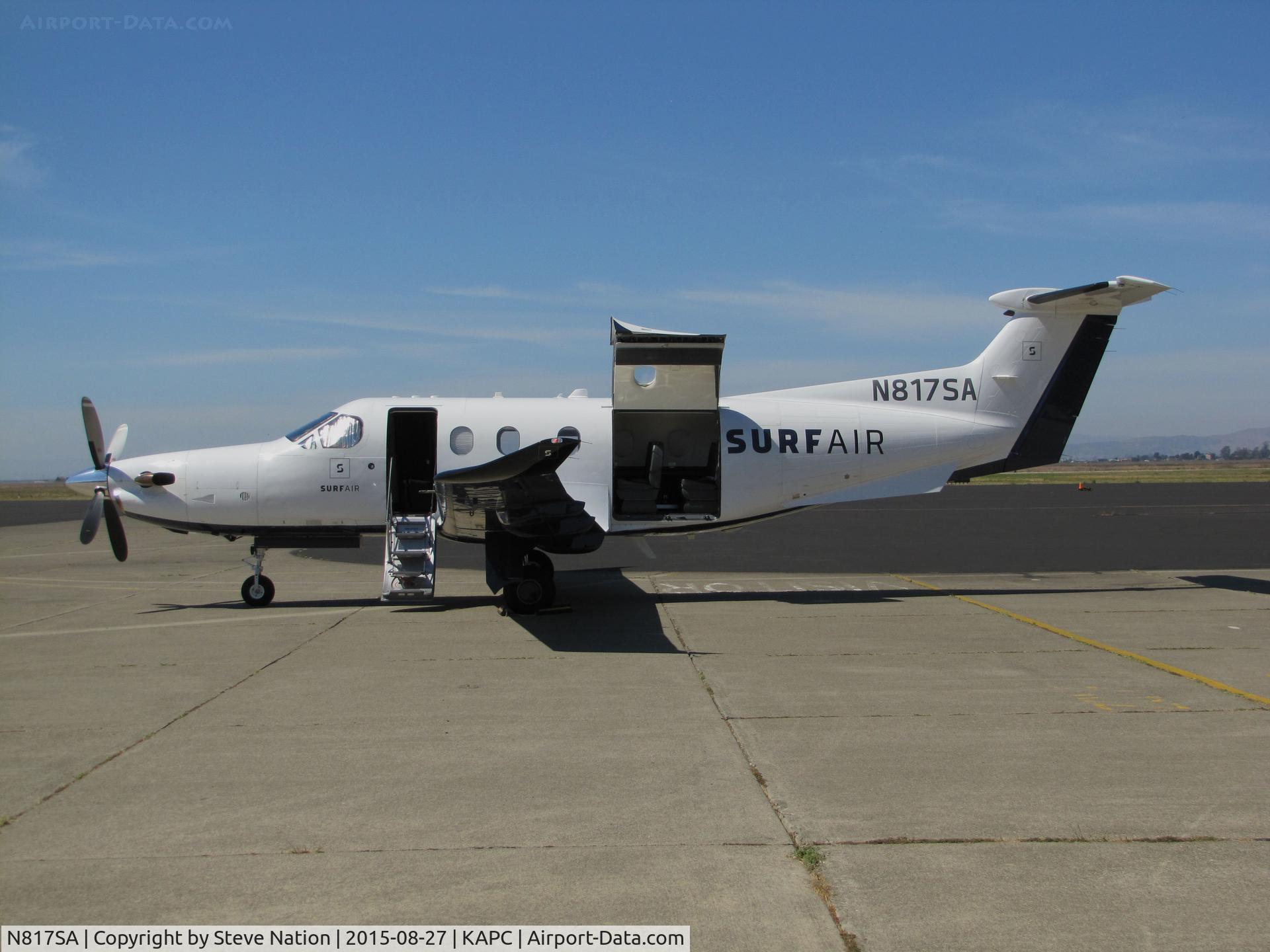 N817SA, 2014 Pilatus PC-12/47E C/N 1504, Surf Air PC-12/47E parked at KAPC (Napa County Airport) before return trip to KHHR (Hawthorne Municipal Airport/Jack Northrop Field)