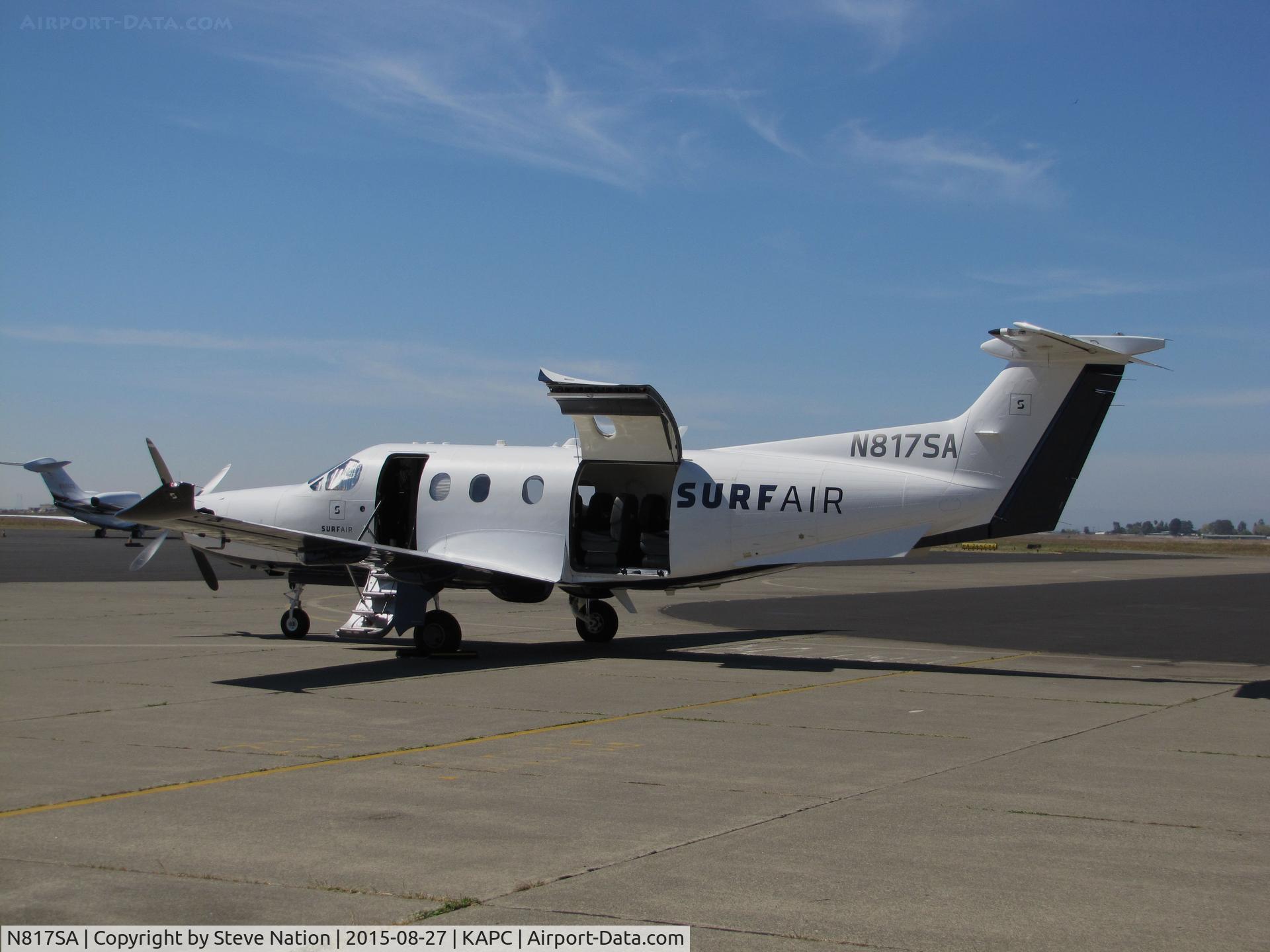 N817SA, 2014 Pilatus PC-12/47E C/N 1504, Surf Air PC-12/47E parked at KAPC (Napa County Airport) before return trip to KHHR (Hawthorne Municipal Airport/Jack Northrop Field)