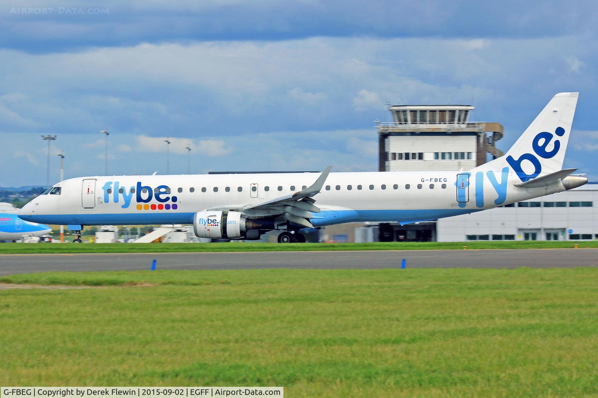 G-FBEG, 2007 Embraer 195LR (ERJ-190-200LR) C/N 19000120, Embraer 195, Flybe, previously PT-SQO, callsign Jersey 2TB, seen shortly after landing on runway 30, out of Glasgow, note, open reverse thruster doors.