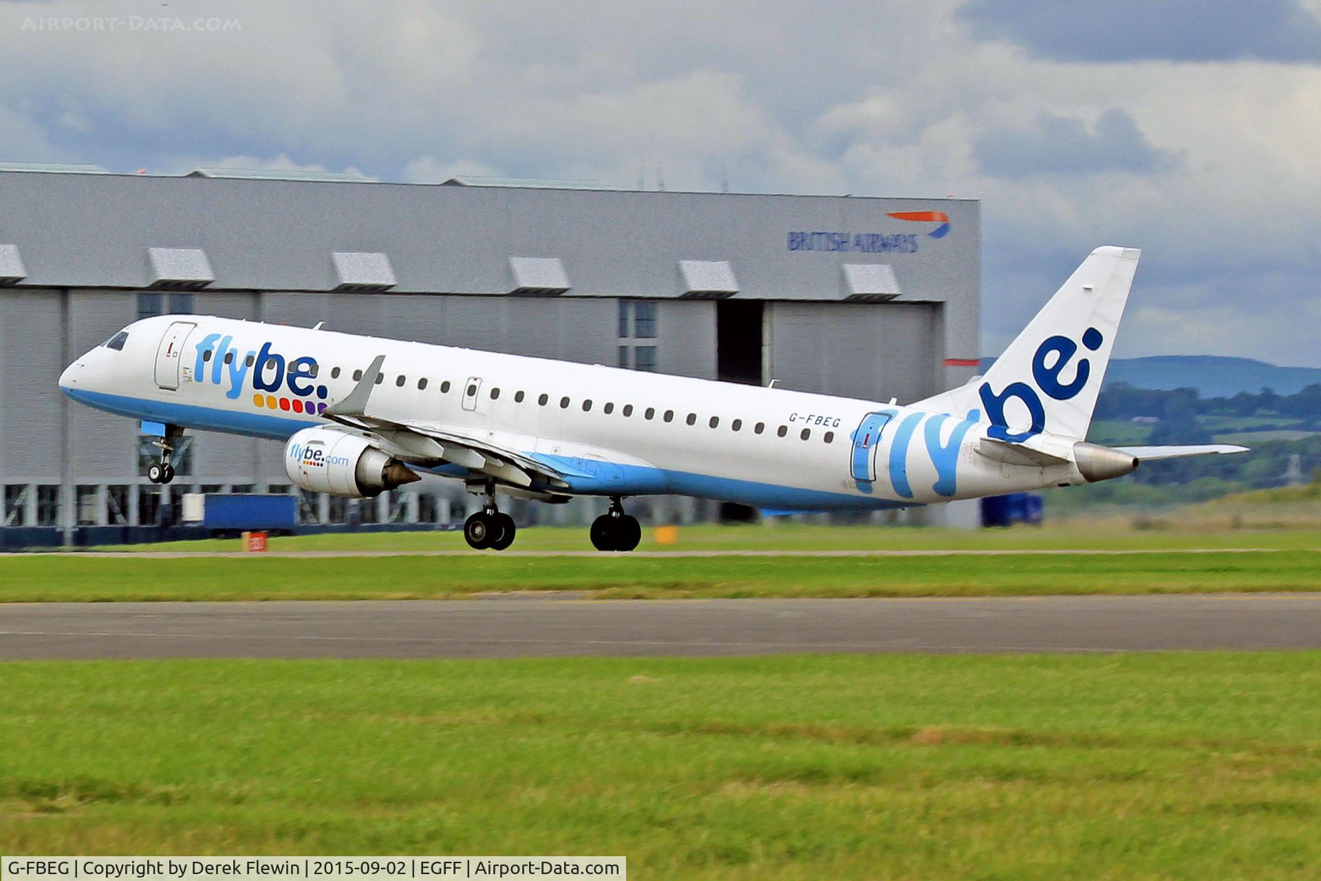 G-FBEG, 2007 Embraer 195LR (ERJ-190-200LR) C/N 19000120, Embraer 195, Flybe, previously PT-SQO, callsign Jersey 9TY, seen shortly after departing runway 30, en-route to Düsseldorf.