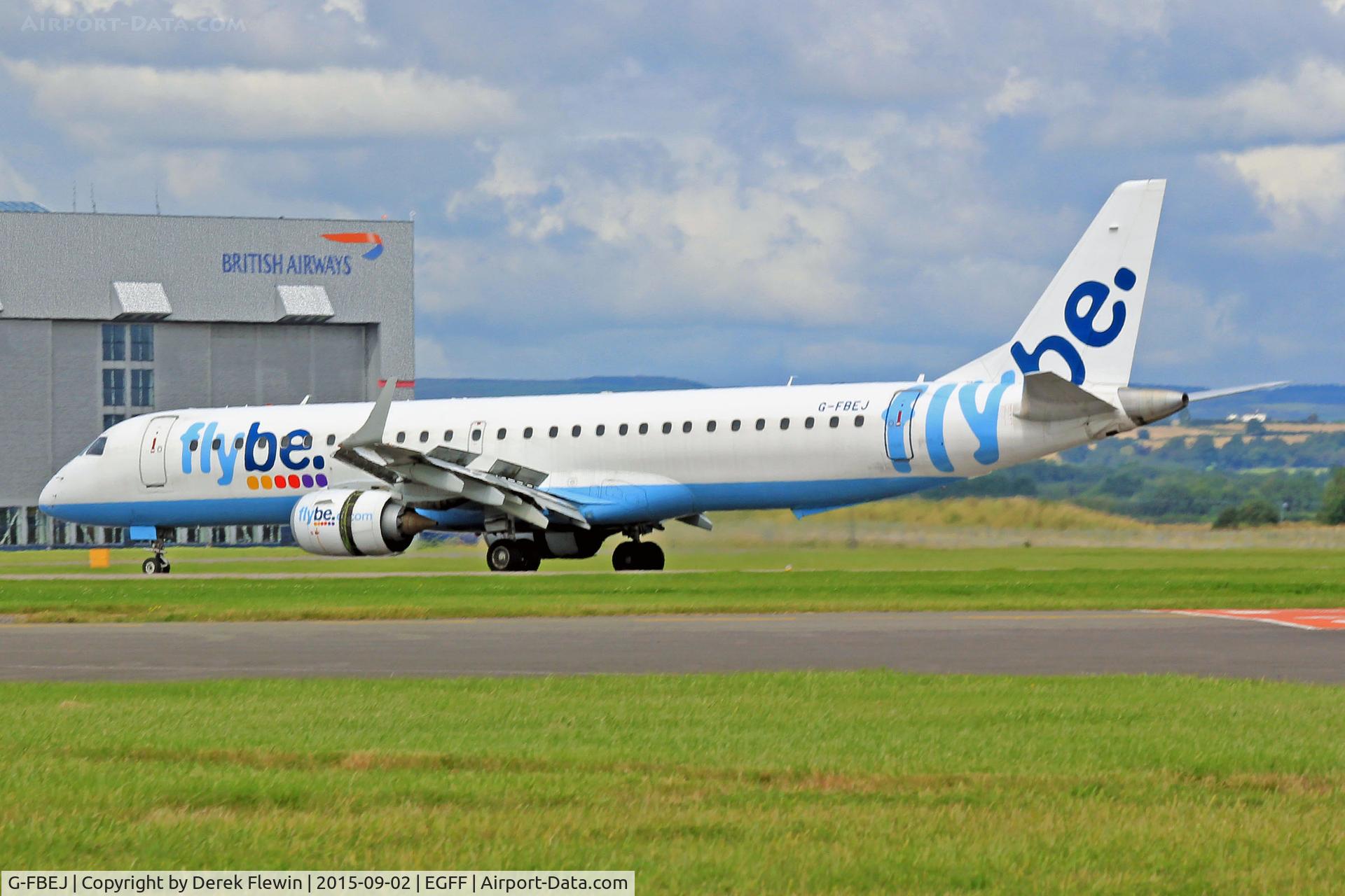 G-FBEJ, 2007 Embraer 195LR (ERJ-190-200LR) C/N 19000155, Embraer 195, Flybe, previously PT-SAC, Jersey 2TB, seen shortly after landing on runway 30, out of Glasgow, note open reverse thruster doors.