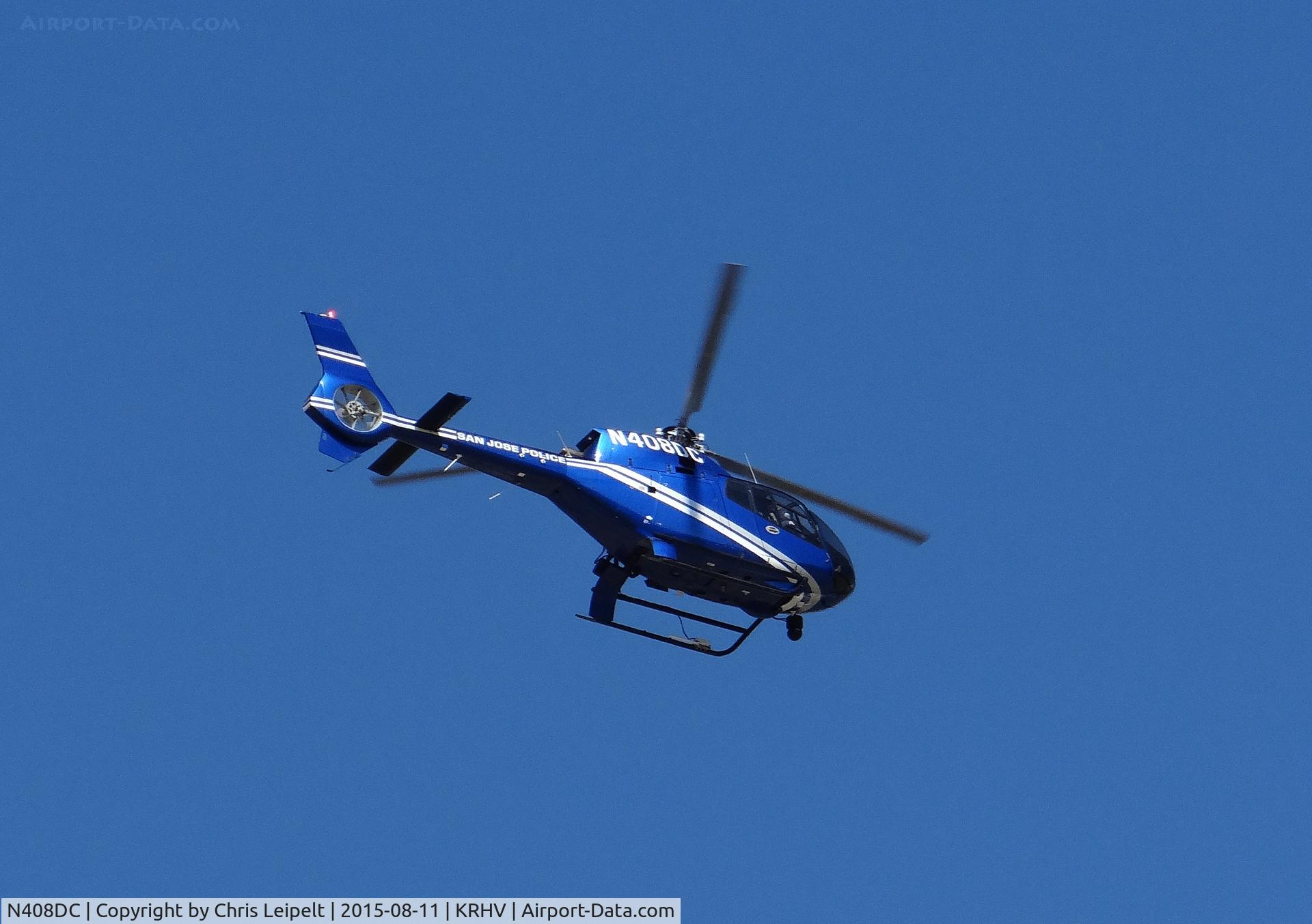 N408DC, 2000 Eurocopter EC-120B Colibri C/N 1151, The San Jose Police Department's 2000 Eurocopter EC-120B flying overhead at Reid Hillview Airport, San Jose, CA.