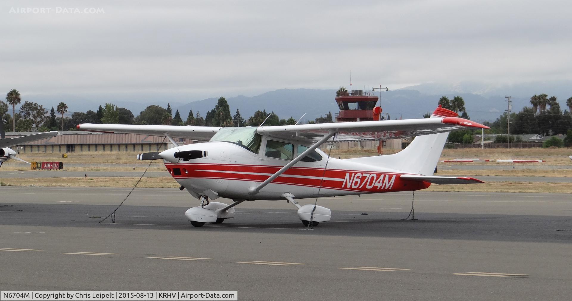 N6704M, 1975 Cessna 182P Skylane C/N 18263806, Privately-owned 1975 Cessna 182P sitting on the transient ramp early in the morning at Reid Hillview Airport, San Jose, CA.