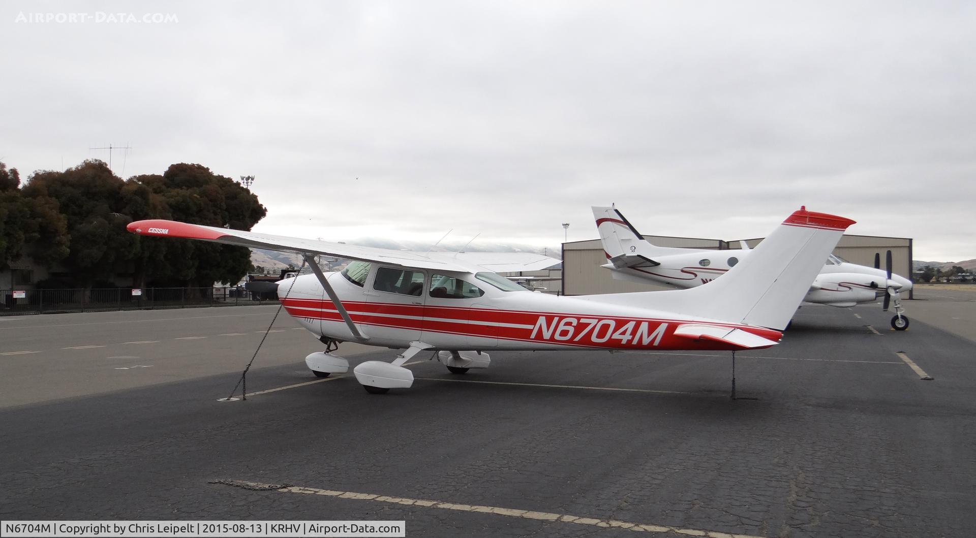 N6704M, 1975 Cessna 182P Skylane C/N 18263806, Privately-owned 1975 Cessna 182P sitting on the transient ramp early in the morning at Reid Hillview Airport, San Jose, CA.