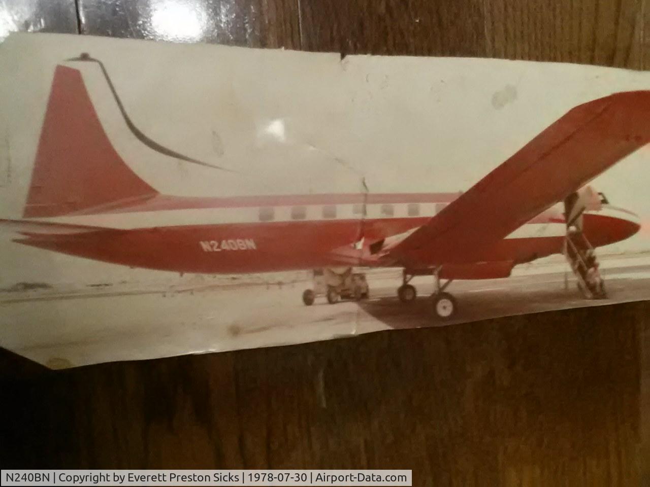 N240BN, 1947 Convair 240-21 C/N 1, Photo taken in Lafayette La. in 1978 by Everett Preston Sicks, son of the late Larry Ivan Sicks, AI/ A&P of Larry's Repair Service.
Everett Sicks 601-569-1717
2 Cylinders available to get this beautiful bird going again.