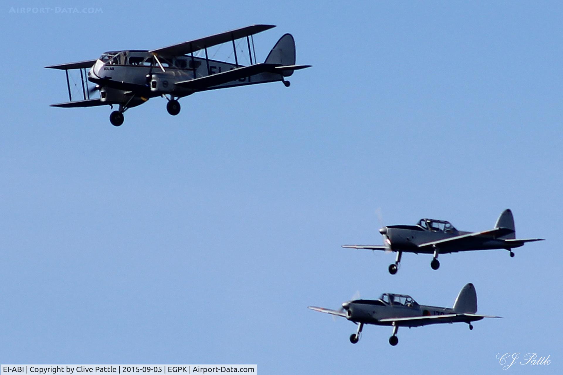 EI-ABI, 1936 De Havilland DH-84 Dragon 2 C/N 6105, In formation with Chipmunks 170/EI-HFC and 168/EI-HFA as part of the Irish Air Corps Historic Flight at the Scottish Airshow 2015 held at Ayr seafront and Prestwick Airport EGPK. 'ABI' flown by an Aer Lingus pilot with Ryanair Capts flying the others.