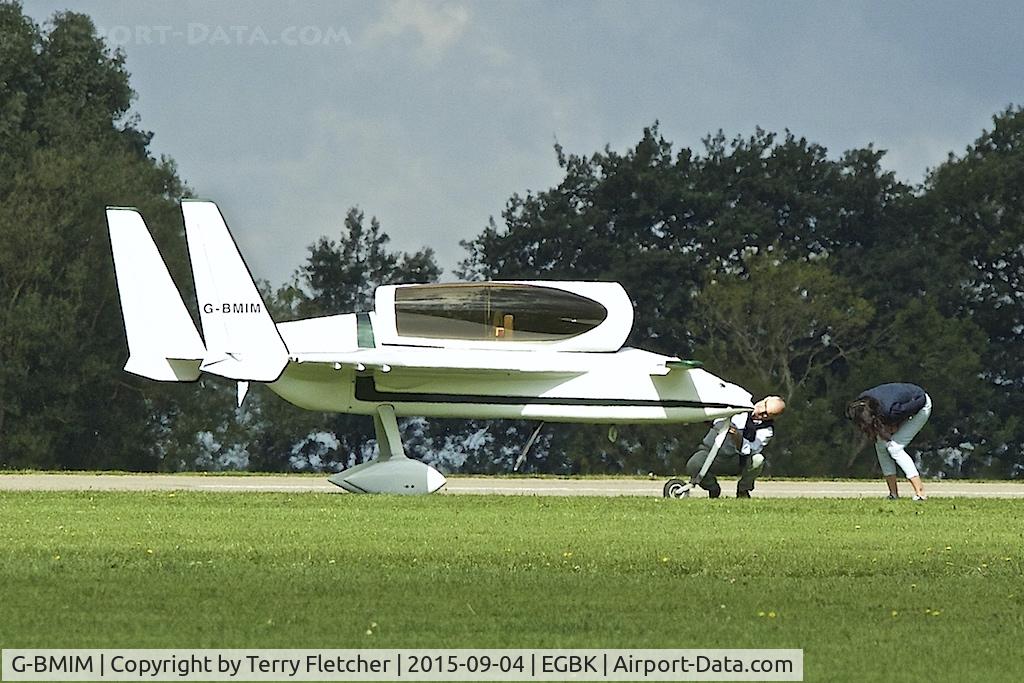 G-BMIM, 1983 Rutan Long-EZ C/N 8102-160, At 2015 LAA Rally - inspecting damage after nose wheel collapsed on landing