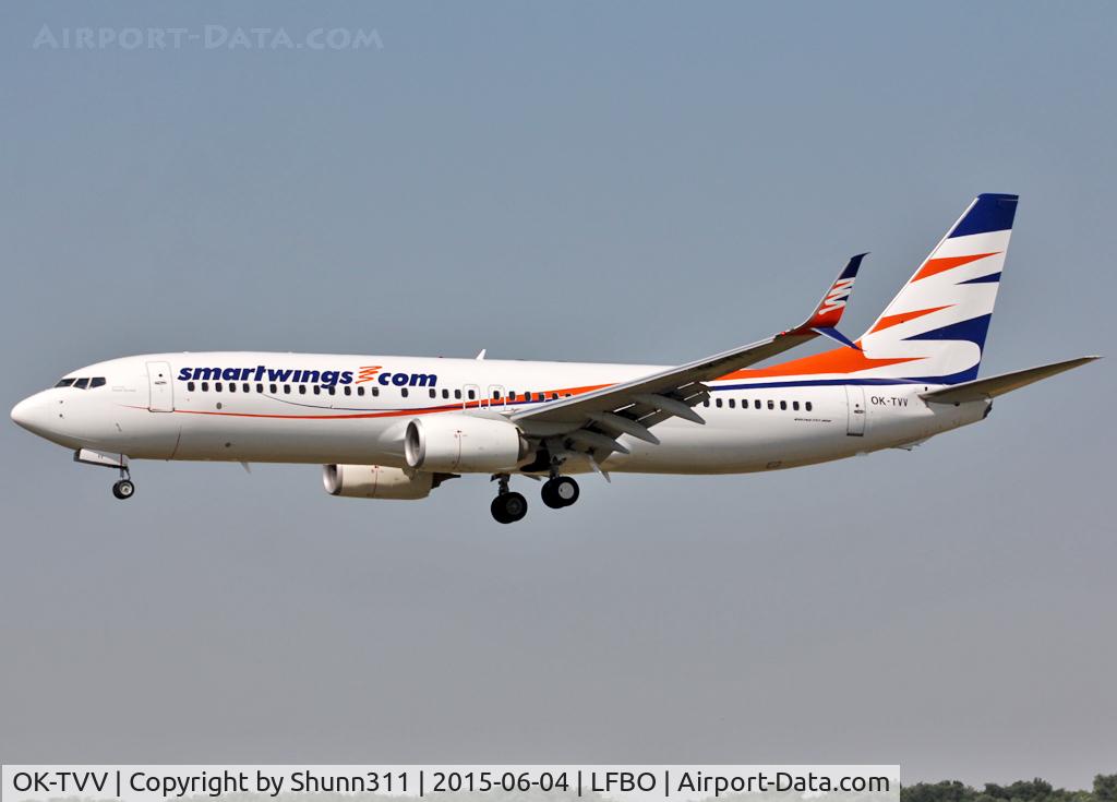 OK-TVV, 2012 Boeing 737-86N C/N 38027, Landing rwy 14L with scimitar winglets fitted...