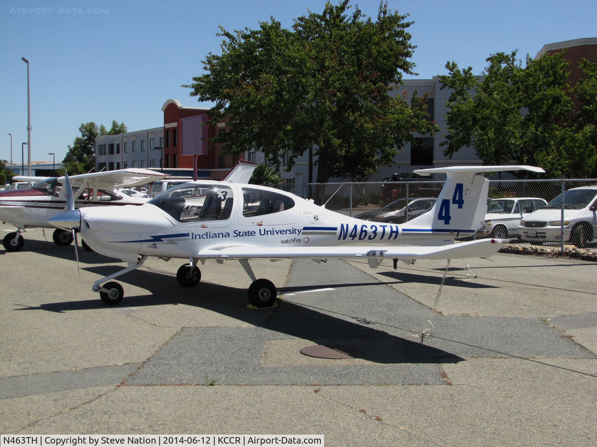 N463TH, 2009 Diamond DA-40 Diamond Star C/N 40.1058, Indiana State University 2009 Diamond DA40 participated in Women's 2014 Air Race Classic as Race #44 with team comprised of Chelsea Noel, Melanie Abel and Kayleigh Bordner. Seen @ Buchanan Field (Concord, CA) two days before the Concord-York, PA race.