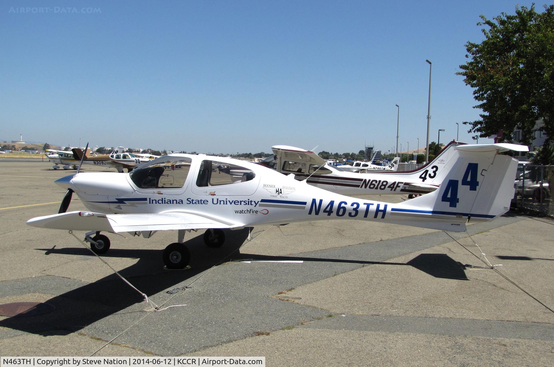 N463TH, 2009 Diamond DA-40 Diamond Star C/N 40.1058, Indiana State University 2009 Diamond DA40 participated in Women's 2014 Air Race Classic as Race #44 with team comprised of Chelsea Noel, Melanie Abel and Kayleigh Bordner. Seen @ Buchanan Field (Concord, CA) two days before the Concord-York, PA race.