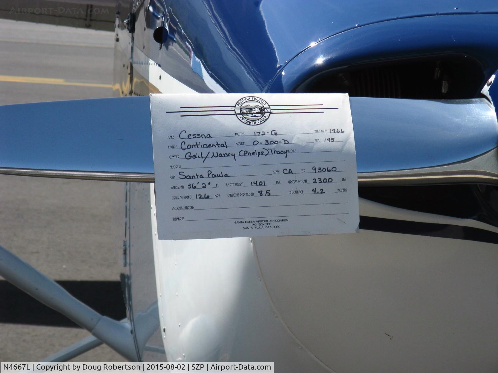 N4667L, 1966 Cessna 172G C/N 17254662, 1966 Cessna 172G, Continental O-300-D 145 Hp 6 cylinder, data
