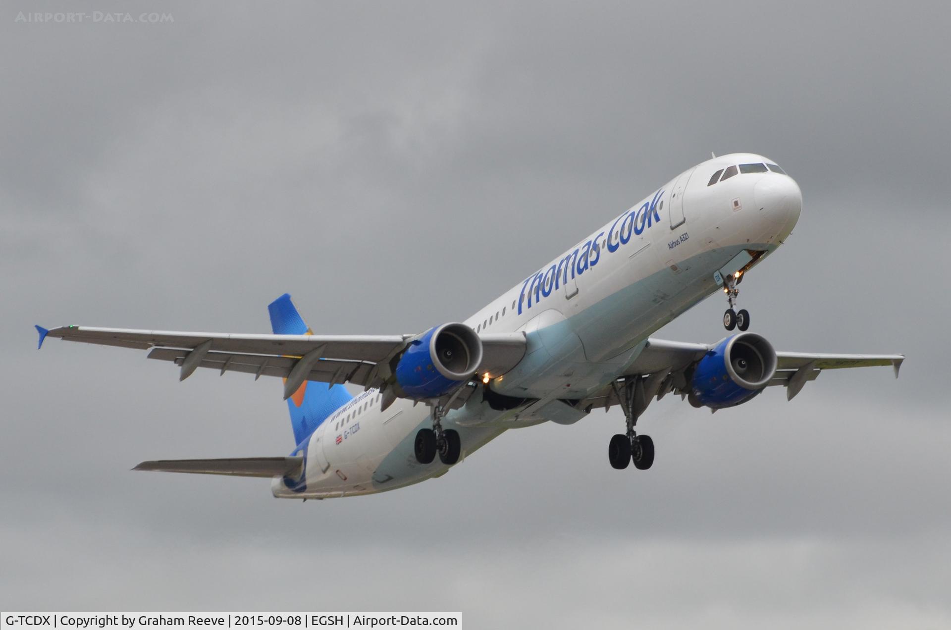 G-TCDX, 2002 Airbus A321-211 C/N 1887, Departing from Norwich.