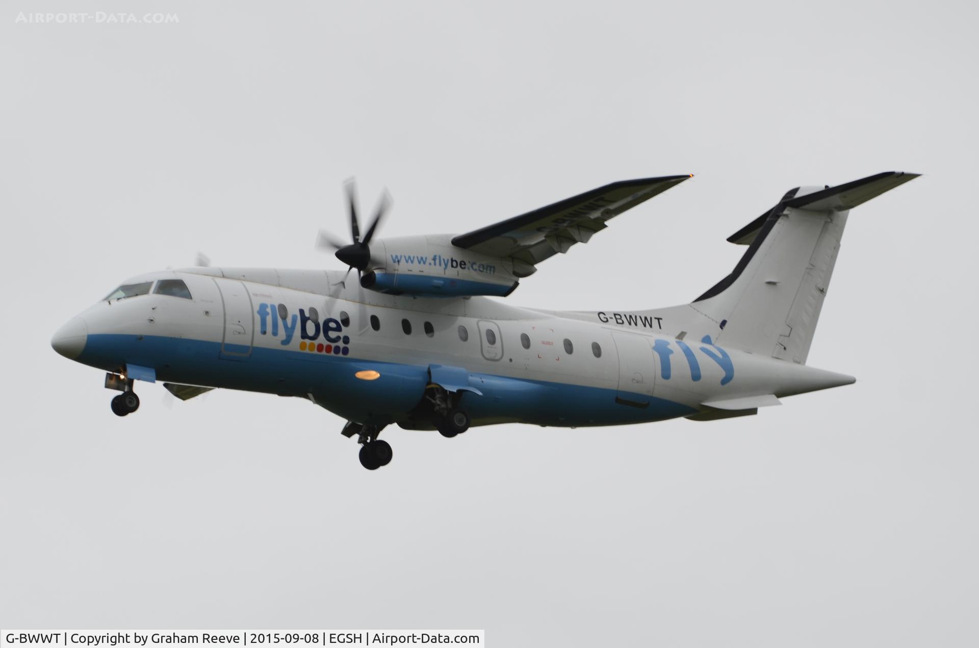 G-BWWT, 1995 Dornier 328-100 C/N 3022, Flying with logo missing from the tail.