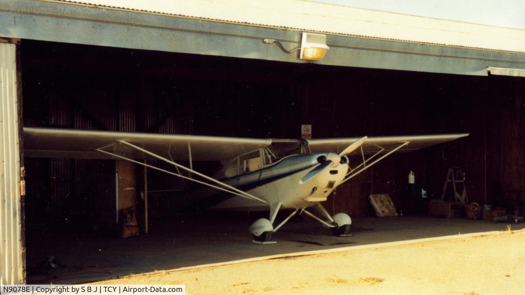 N9078E, 1946 Aeronca 11AC Chief C/N 11AC-710, This was one of the nicer hangars 78E has enjoyed but it was for only a short time.The City of Tracy for some reason decided to tear it down thus putting four planes outside. Go figure.