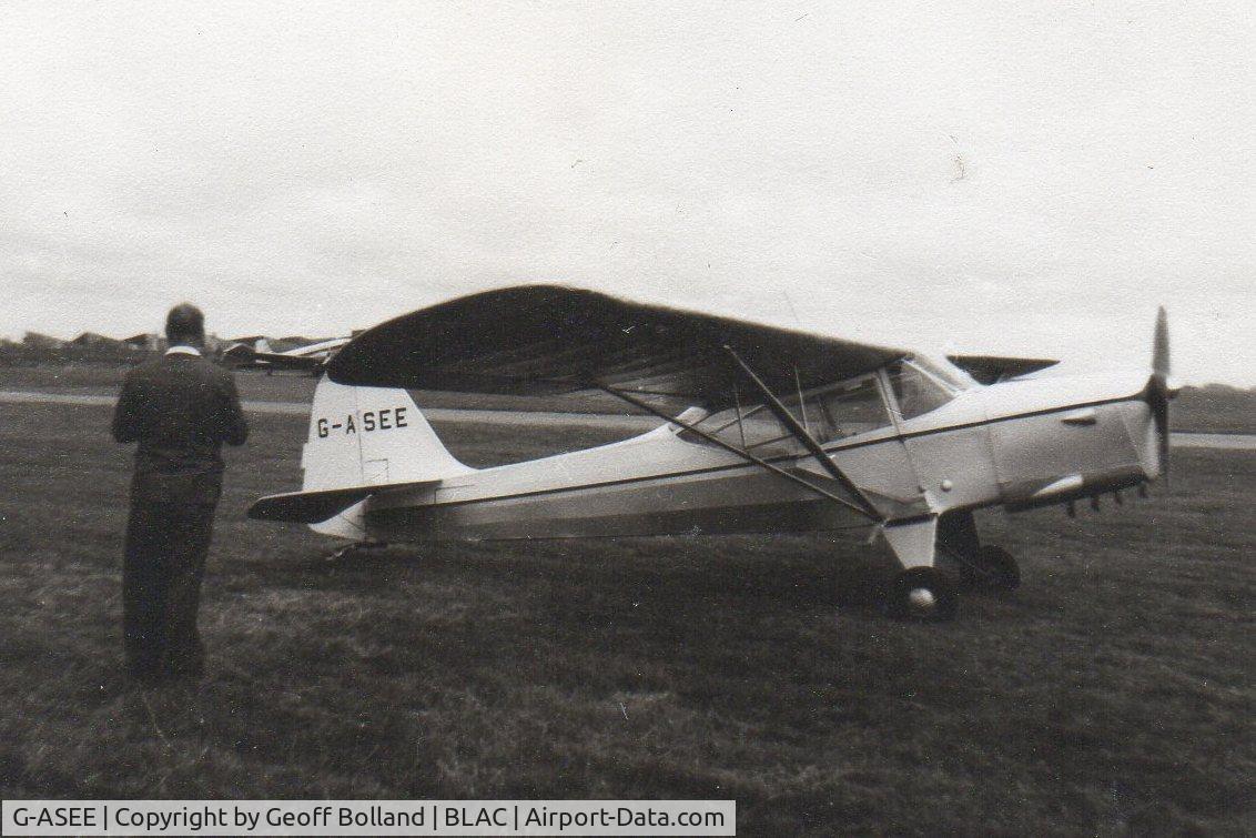 G-ASEE, 1956 Auster J-1N Alpha Alpha C/N 3359, Taken at Blackpool Airport circa 1959. My late father, Jim Bolland in the foreground. We had a pleasure flight around the resort. It was my first ever flight and a great experience. I think the cost back then was 15 shillings (75p)