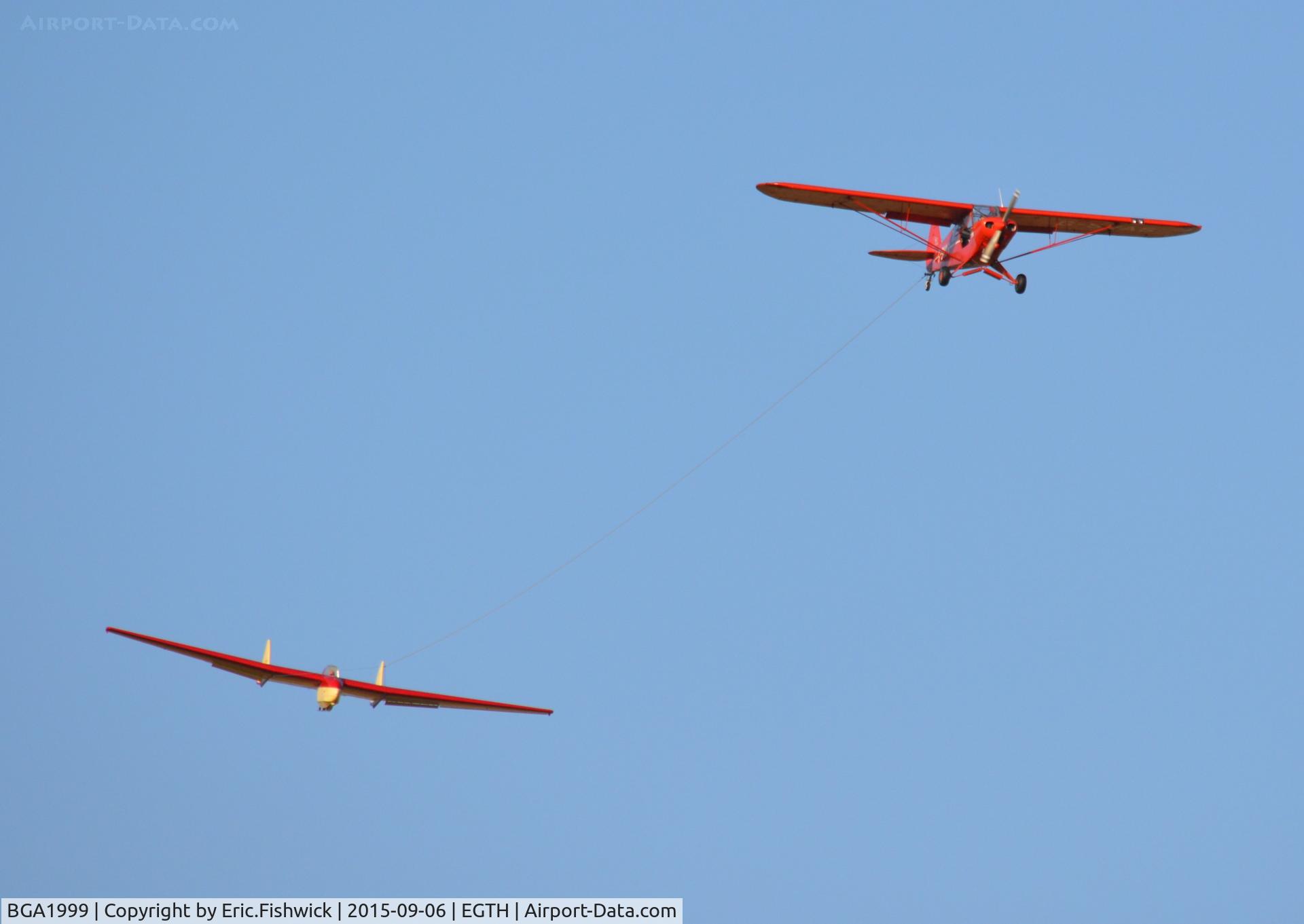 BGA1999, 1955 Fauvel AV-36 C/N 133, 45. The AV-36 being taken aloft by the Super Cub at The Shuttleworth Pagent Airshow, Sep. 2015.