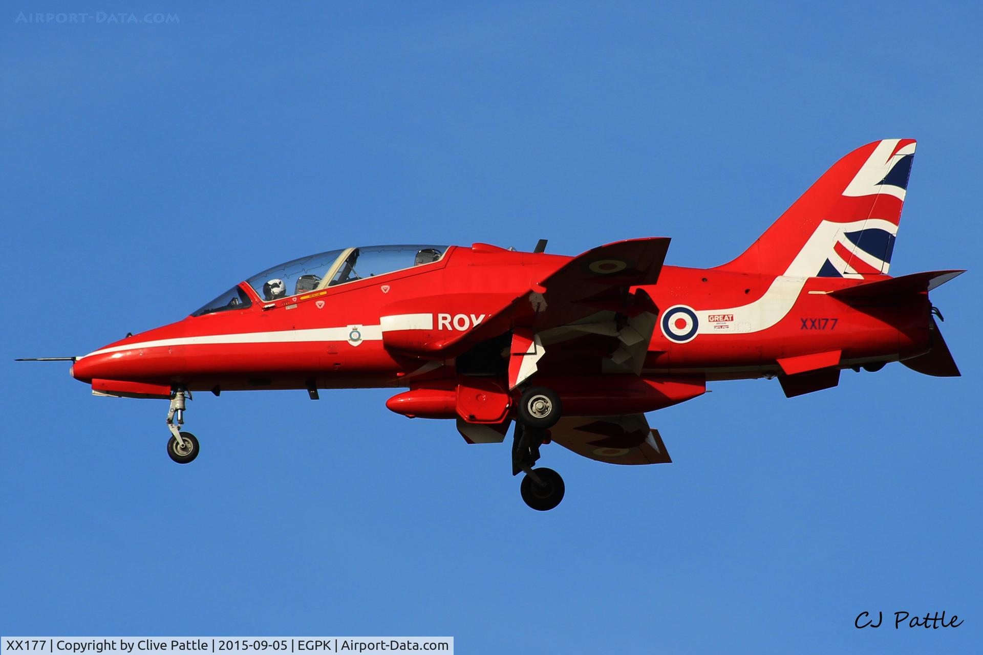 XX177, 1977 Hawker Siddeley Hawk T.1 C/N 024/312024, S/Ldr David Montenegro 'Red 1' landing at Prestwick EGPK after displaying with the RAF Red Arrows as Team Leader at the Scottish Airshow 2015 held at Ayr seafront and Prestwick Airport EGPK and at Portrush, Northern Ireland on the same day.