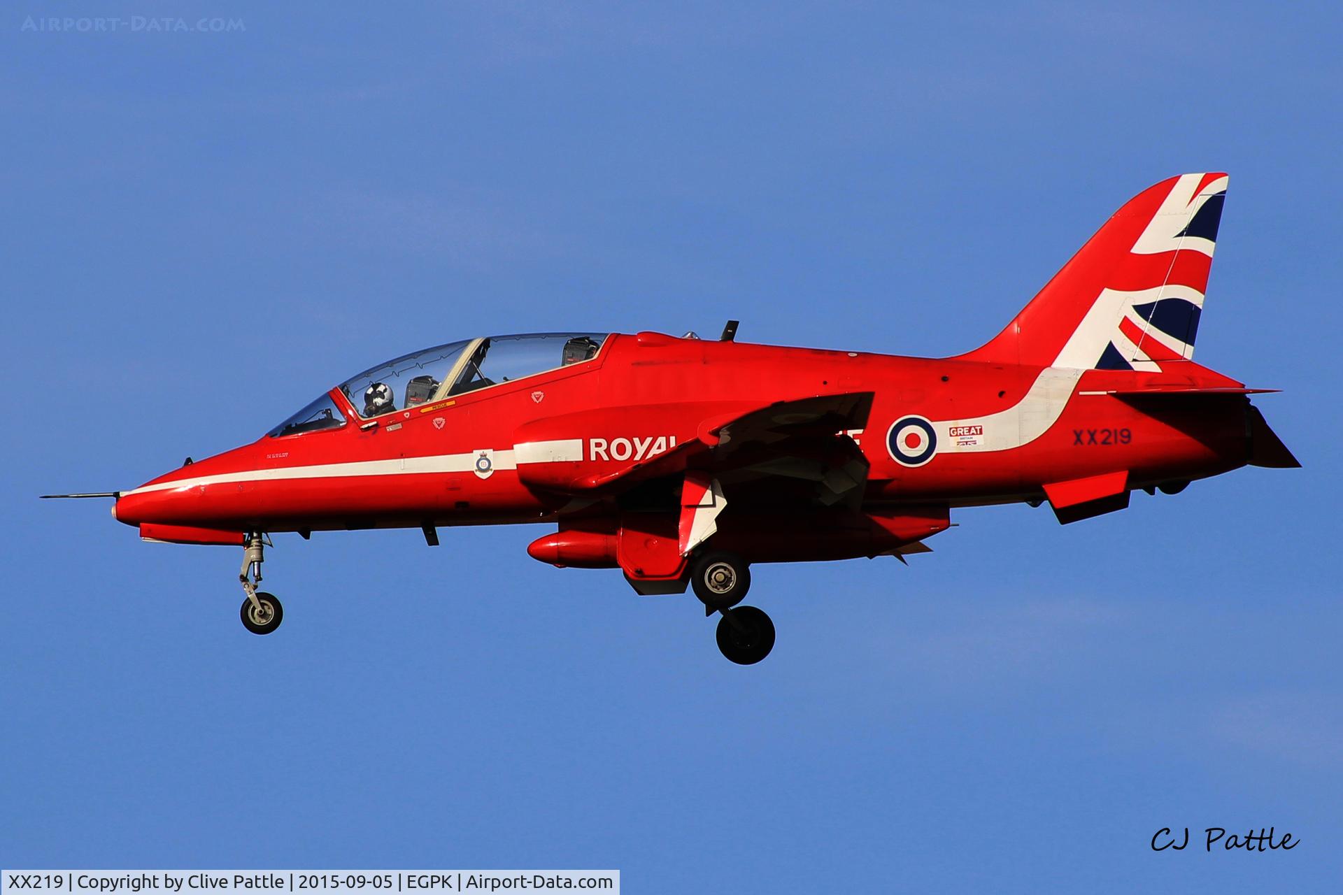 XX219, 1978 Hawker Siddeley Hawk T.1A C/N 055/312055, Flt Lt Mike Bowden 'Red 2' landing back at Prestwick EGPK after displaying with the Red Arrows at the Scottish Airshow 2015 held at Ayr seafront and Prestwick Airport EGPK and at Portrush, Northern Ireland on the same day.