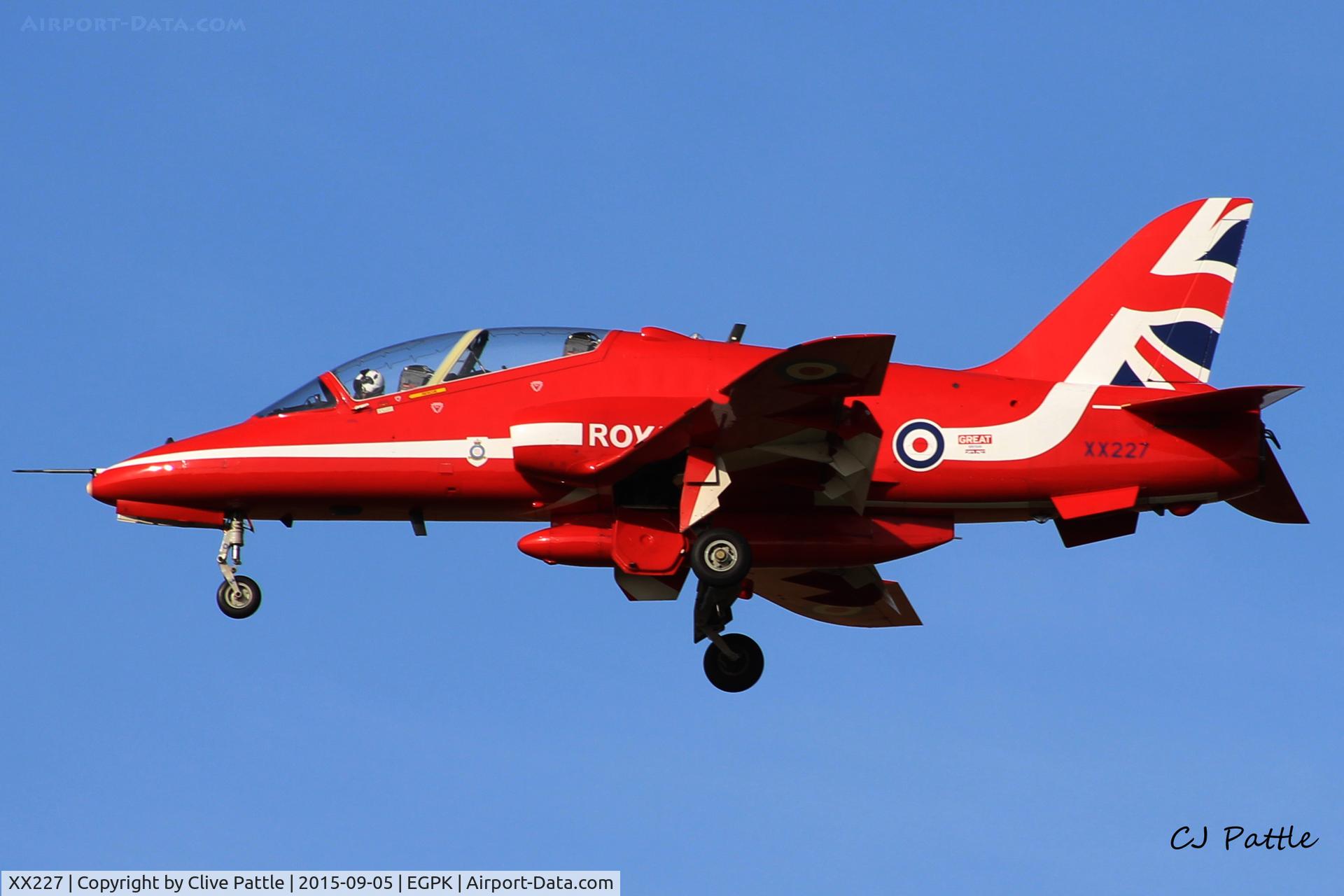 XX227, 1978 Hawker Siddeley Hawk T.1A C/N 063/312063, Flt Lt Emmet Cox 'Red 3' landing back at Prestwick EGPK after displaying with the Red Arrows at the Scottish Airshow 2015 held at Ayr seafront and Prestwick Airport EGPK and at Portrush, Northern Ireland on the same day.