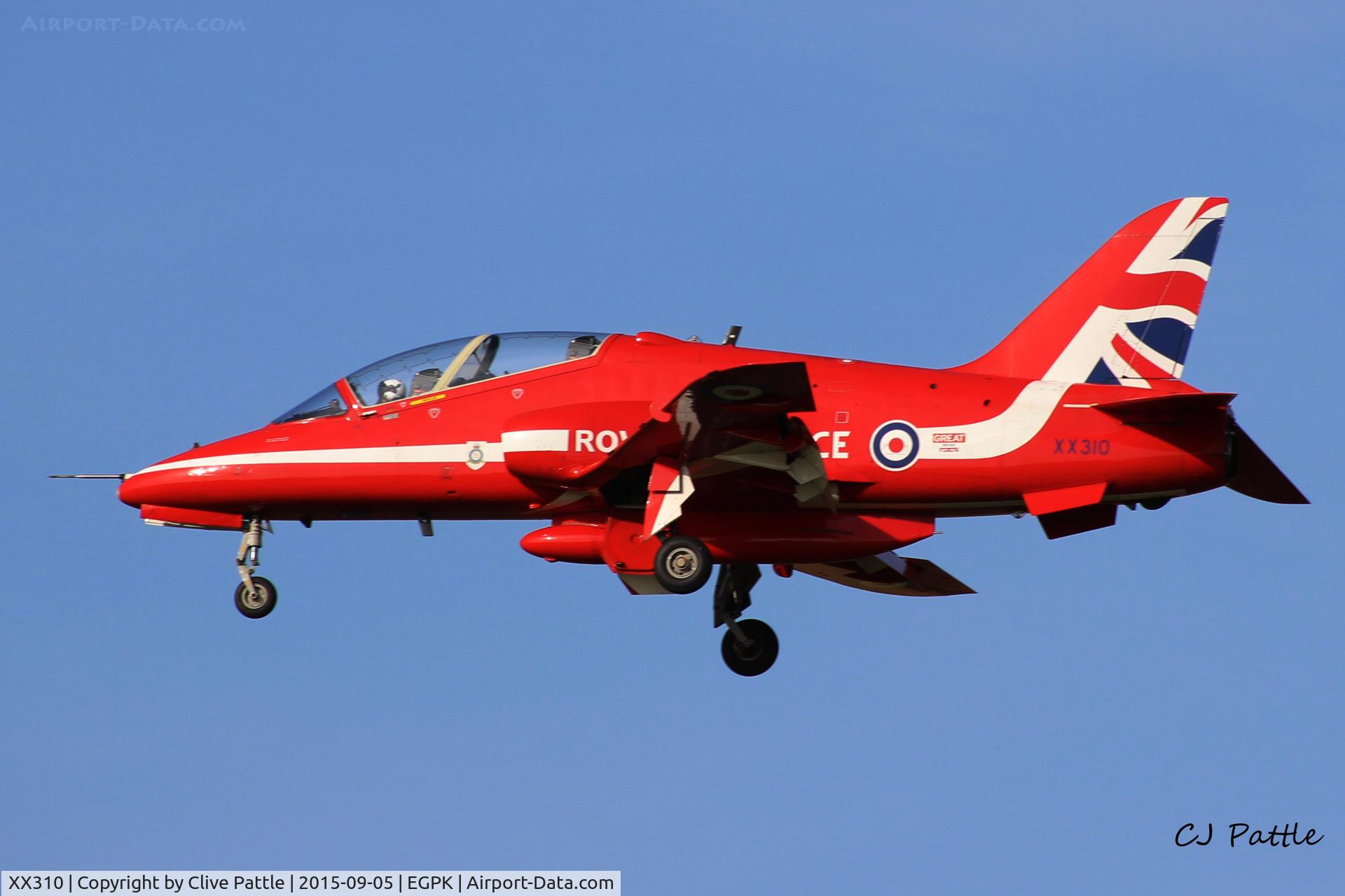 XX310, 1980 Hawker Siddeley Hawk T.1W C/N 145/312135, Flt Lt Tom Bould 'Red 5' landing back at Prestwick EGPK after displaying with the Red Arrows at the Scottish Airshow 2015 held at Ayr seafront and Prestwick Airport EGPK and at Portrush, Northern Ireland on the same day.