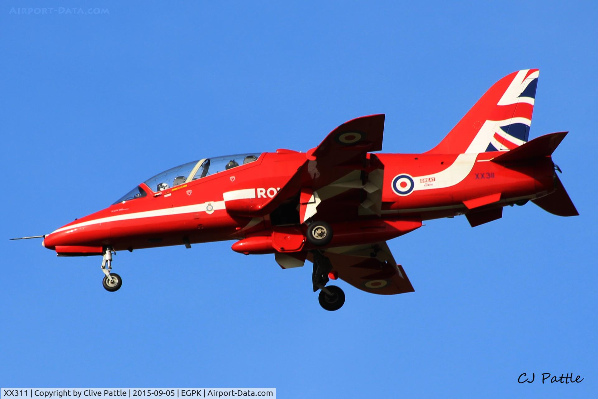 XX311, 1980 Hawker Siddeley Hawk T.1 C/N 147/312136, Flt Lt Mark Lawson 'Red 6' landing back at Prestwick EGPK after displaying as the 'Synchro Leader' with the RAF Red Arrows at the Scottish Airshow 2015 held at Ayr seafront and Prestwick Airport EGPK and at Portrush, Northern Ireland on the same day.