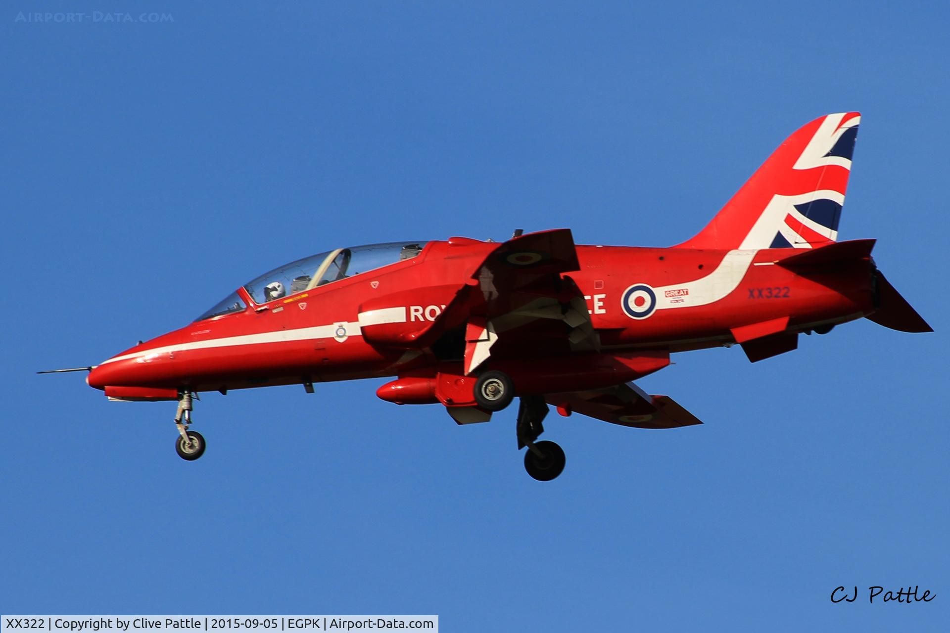 XX322, 1980 Hawker Siddeley Hawk T.1A C/N 165/312147, Flt Lt Steve Morris 'Red 7' landing back at Prestwick EGPK after displaying with the RAF Red Arrows as 'Synchro 2' at the Scottish Airshow 2015 held at Ayr seafront and Prestwick Airport EGPK and at Portrush, Northern Ireland on the same day.