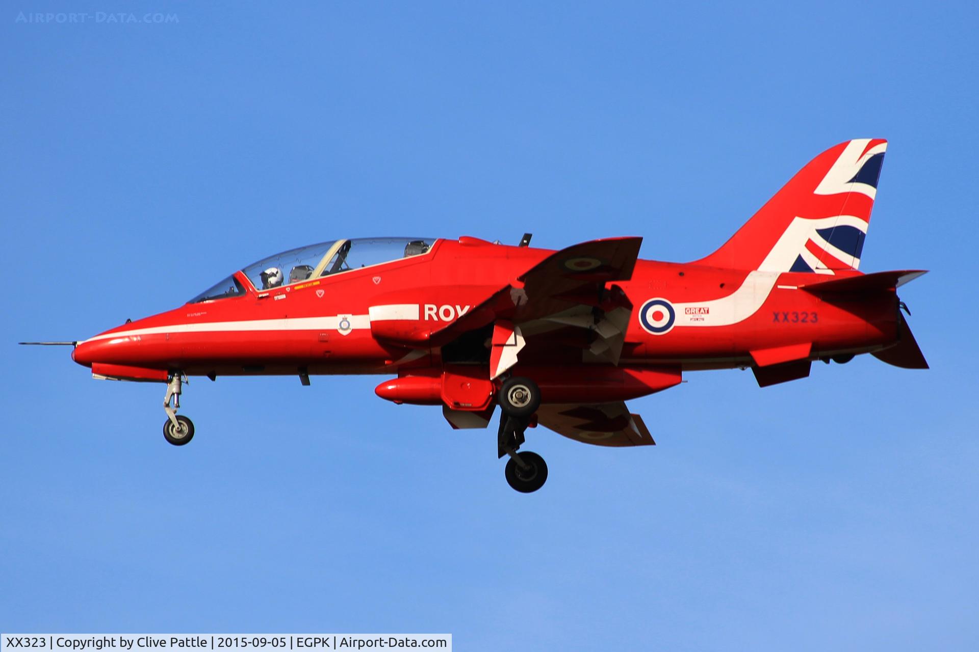 XX323, 1980 Hawker Siddeley Hawk T.1 C/N 167/312148, Flt Lt Olly Parr 'Red 8' landing back at Prestwick EGPK after displaying with the Red Arrows at the Scottish Airshow 2015 held at Ayr seafront and Prestwick Airport EGPK and at Portrush, Northern Ireland on the same day.