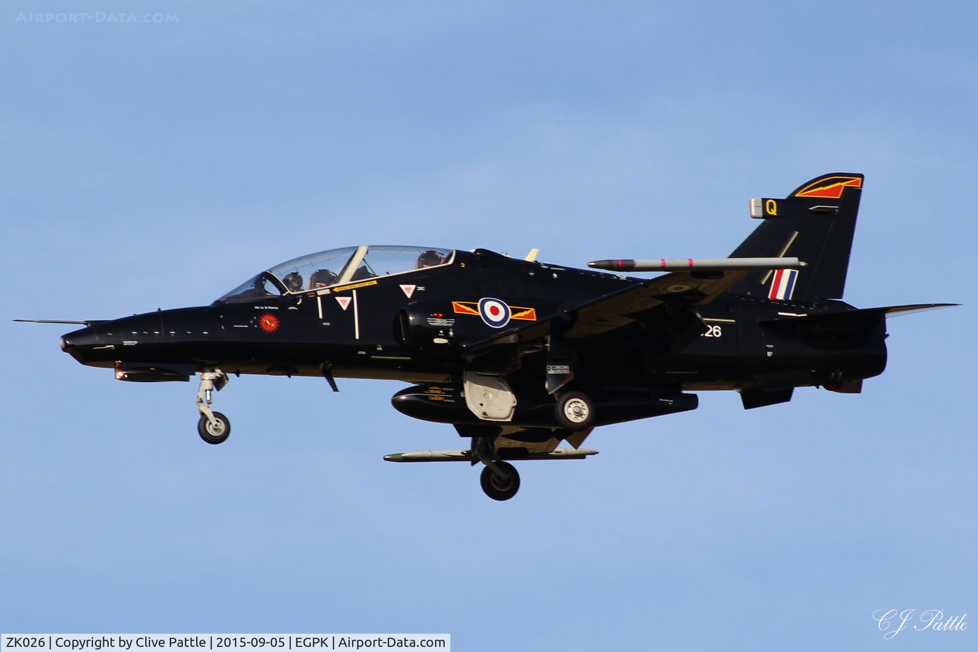 ZK026, 2009 British Aerospace Hawk T2 C/N RT017/1255, Landing back at Prestwick EGPK after displaying with the RAF Hawk T.2 Role Demo duo at the Scottish Airshow 2015 held at Ayr seafront and Prestwick Airport EGPK and at Portrush, Northern Ireland on the same day.