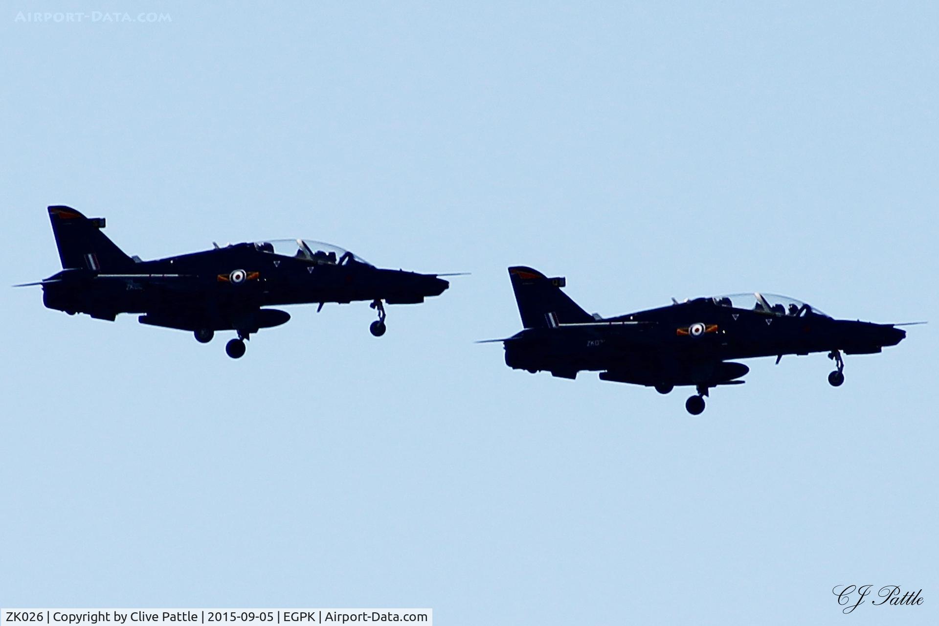 ZK026, 2009 British Aerospace Hawk T2 C/N RT017/1255, Displaying as the RAF Hawk T.2 Role Demo duo alongside ZK028  at the Scottish Airshow 2015 held at Ayr seafront and Prestwick Airport EGPK and at Portrush, Northern Ireland on the same day.