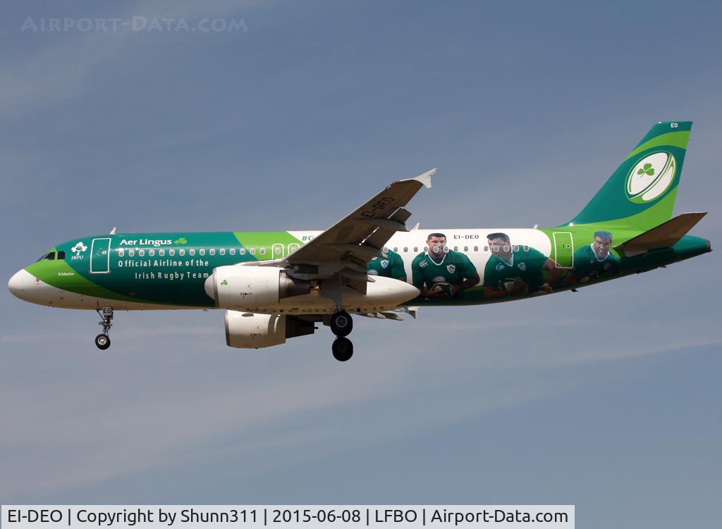 EI-DEO, 2005 Airbus A320-214 C/N 2486, Landing rwy 32R with special Rugby c/s