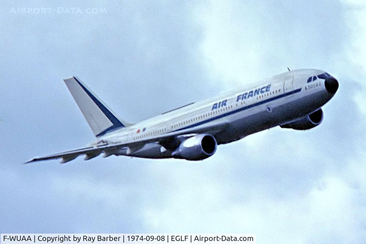 F-WUAA, 1973 Airbus A300B2-1C C/N 4, Airbus A300B2-1C [004] (Airbus Industries) Farnborough~G 08/09/1974. From a slide. Wearing Air France colours .