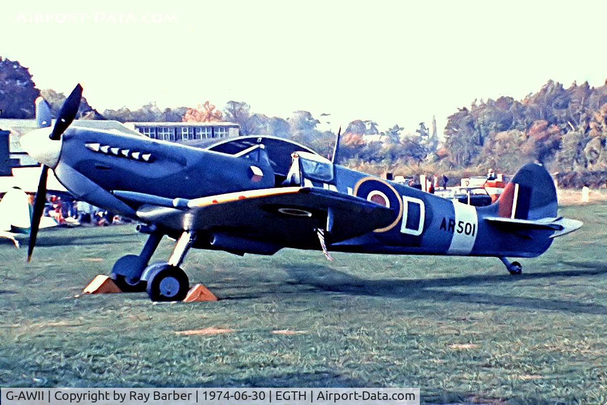 G-AWII, 1942 Supermarine 349 Spitfire LF.Vc C/N WASP/20/223, Supermarine Spitfire LF.Vc [WASP/20/223] Old Warden~G 30/06/1974. From a slide.