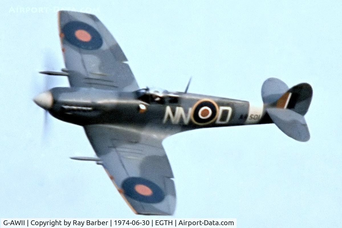 G-AWII, 1942 Supermarine 349 Spitfire LF.Vc C/N WASP/20/223, Supermarine Spitfire LF.Vc [WASP/20/223] Old Warden~G 30/06/1974. From a slide.