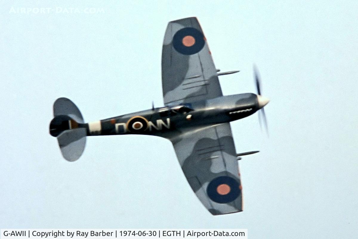 G-AWII, 1942 Supermarine 349 Spitfire LF.Vc C/N WASP/20/223, Supermarine Spitfire LF.Vc [WASP/20/223] Old Warden~G 30/06/1974. From a slide.
