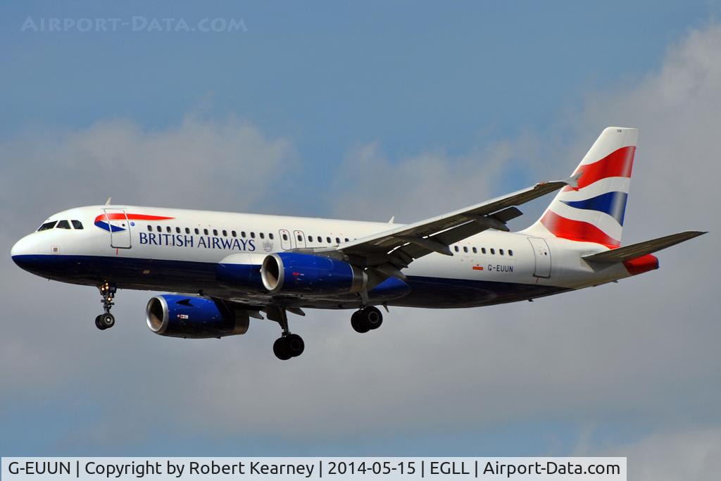 G-EUUN, 2003 Airbus A320-232 C/N 1910, On short finals at LHR