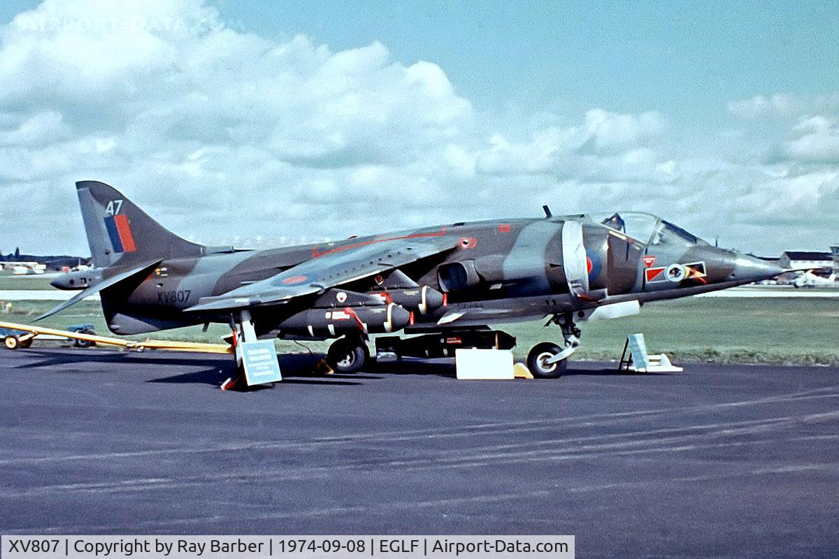 XV807, 1971 Hawker Siddeley Harrier GR.3 C/N 712057, BAe Harrier GR.1 [712057] (Royal Air Force) Farnborough~G 08/09/1974. From a slide. Later upgraded to a GR.3.