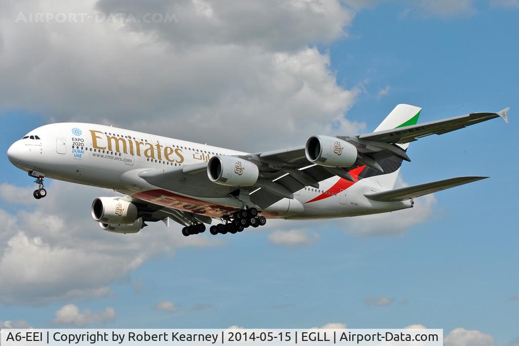 A6-EEI, 2012 Airbus A380-861 C/N 123, On short finals at LHR
