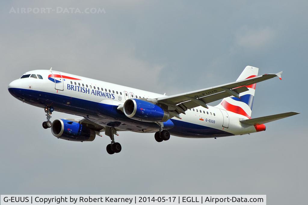 G-EUUS, 2007 Airbus A320-232 C/N 3301, On short finals at LHR