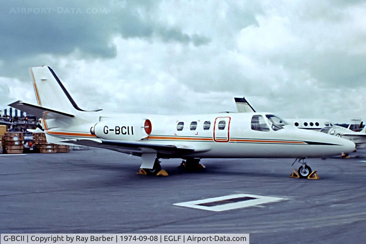 G-BCII, 1974 Cessna 500 Citation C/N 500-0176, Cessna Citation I [500-0176] Farnborough~G 08/09/1974. From a slide.
