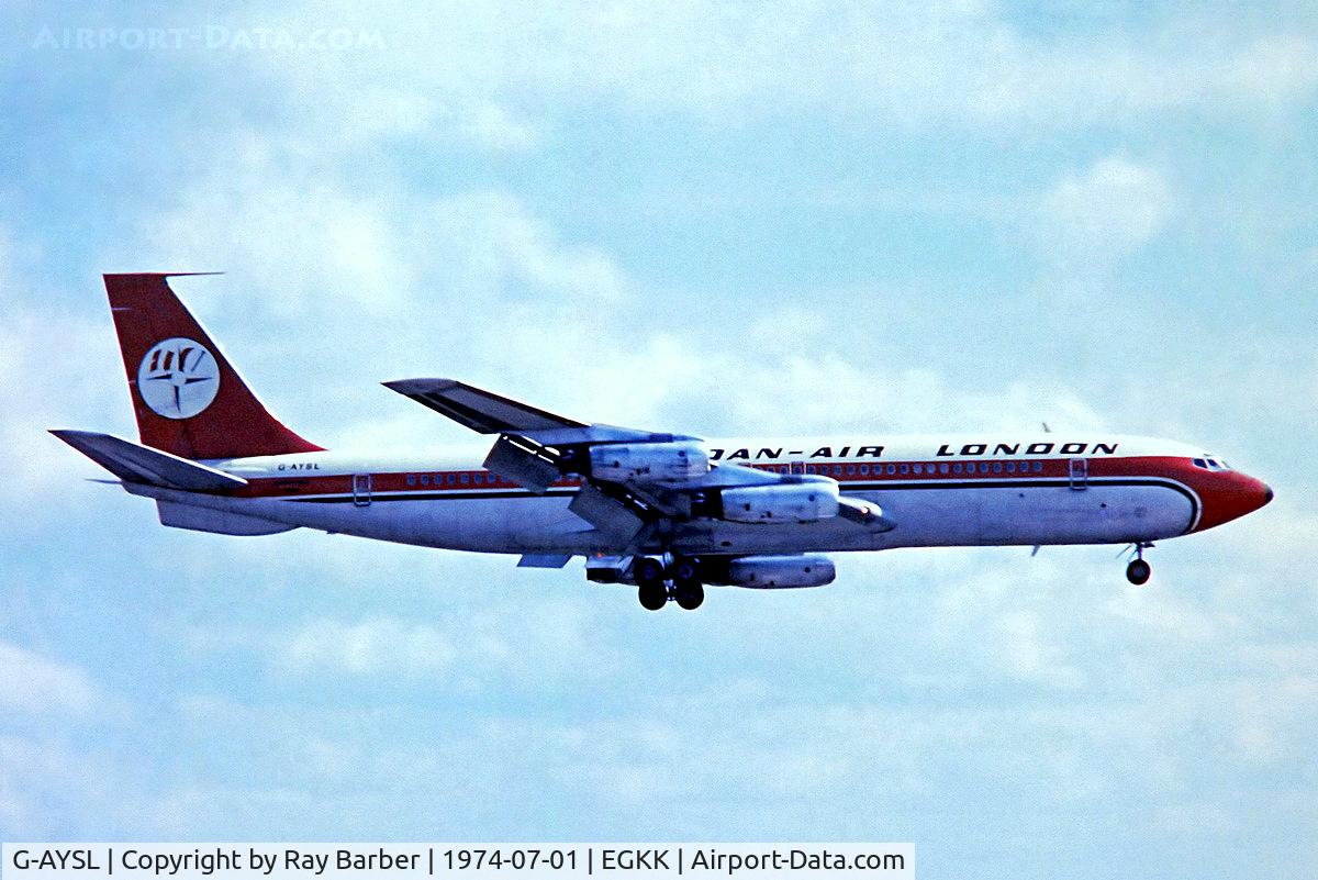 G-AYSL, 1959 Boeing 707-321 C/N 17599, Boeing 707-321 [17599] (Dan-Air London) Gatwick~G 01/07/1974. From a slide date approximate.