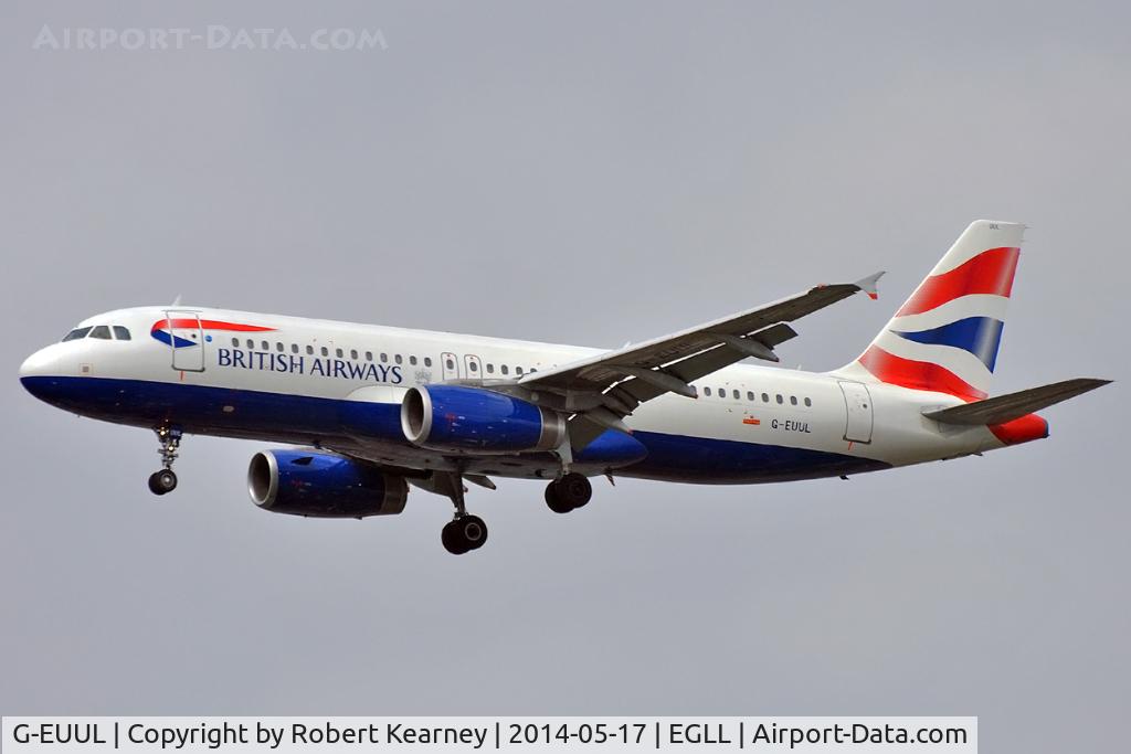 G-EUUL, 2002 Airbus A320-232 C/N 1708, On short finals at LHR